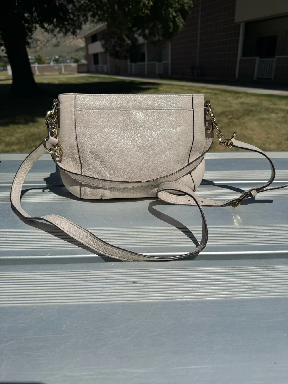 Michael Kors Pebbled Leather Crossbody in Light Taupe with Gold Hardware